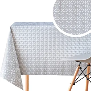 Abwischbare Grau Wachstuch im Vintage Weiß Blumendruck - PVC Wachstuchtischdecke Wasserabweisend, Rechteckige 200 x 140 cm Wachstischdeck Retro Blumen Tischdecke - Pflegeleicht Wiederverwendbar Vinyl