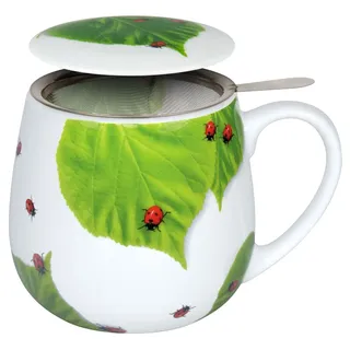 Konitz Tea for you - Marienkäfer auf Laub | 420 ml Teebecher mit Sieb aus Porzellan – spülmaschinengeeignet & mikrowellengeeignet; für losen Tee