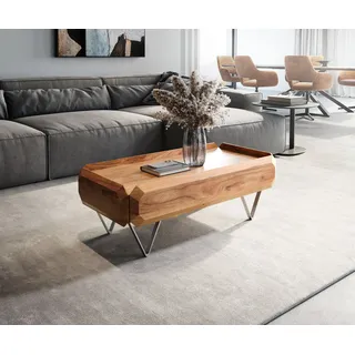 DELIFE Couchtisch Kiano 100x50 cm Akazie Natur 2 Schübe V-Fuß Edelstahl - Hellbraun, Braun