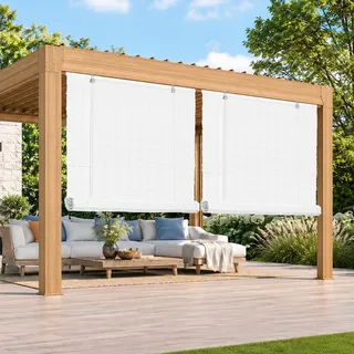 HOMEDEMO PE Rollo Outdoor wetterfest, Sichtschutz Sonnenschutz, Bambus Look Rollo für Innen- und außenbereich Bambusrollo Jalousie, Raffrollo für Fenster & Balkon, 130x160cm, Weiß