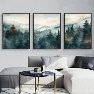 Herfair 3er Poster Set, Moderne Grün Berge Wald Landschaft Bilder, Leinwandbilder Wandposter Wanddeko für Wohnzimmer & Schlafzimmer, ohne Rahmen (30x40cm)