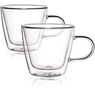 HOMLA Cembra 2-er Gläser Set Teegläser mit Henkel 2 x 280 ml Doppelwandige Gläser Latte Macchiato Cappuccino Gläser Doppelwandig Iced Coffee Glas - Transparent