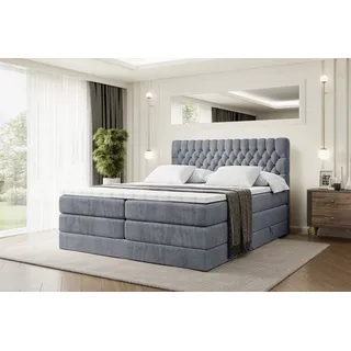 altdecor Boxspringbett mit 2 Matratzen und Topper - 140x200 cm - SERENE KING - Grau Samt - Polsterbett mit, H3- und H4- Matratzen, Bettkasten und Lattenrost, Bett mit Stauraum - Grau