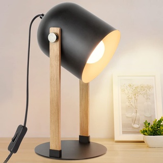 Depuley Tischlampe Wohnzimmer aus Holz & Metall mit E27 Fassung, Retro Tischleuchte Industrial mit Kabelschalter, 360°Drehbar, Augenschutz leselampe Nachttischlampe für Schlafzimmer Büro Studio