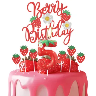Erdbeere 5 Geburtstagskerzen, rote Erdbeere Nummer 5 Kerze für Kuchen, rote Beere Geburtstagskuchenaufsätze mit weißen Blumen, Erdbeer Themen für Mädchen und Jungen 5th Geburtstag Dekorationen