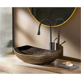 MEJE, 56,5 x 40,3 cm, Waschbecken für Badezimmer, Aufsatzbecken, Porzellan, Keramik, Vintage-Design, goldfarben