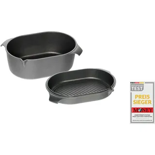 AMT Gastroguss Klaus grillt German Oven Set, kleine Ausführung, 32x22 cm, German Oven Bräter/Gußdeckel mit Grillboden, Aluguss, Lotan® Antihaft-Veredelung, AMZN-KG-3222-Set