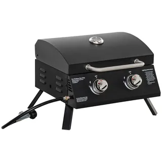 Gasgrill BBQ mit 2 Brennern & Deckelthermometer, Klappbarer Tischgasgrill aus Edelstahl & Kohlenstoffstahl, 55x46,5x41cm, inkl. Druckminderer & Gasschlauch, Schwarz - Schwarz