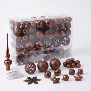 Kunststoff Christbaumkugel Set 111-teilig bruchsicher - braun | Weihnachtskugeln inklusive Metall Haken - Weihnachtskugeln Deko Schmuck Anhänger für Weihnachtsbaum Christbaum Tannenbaum