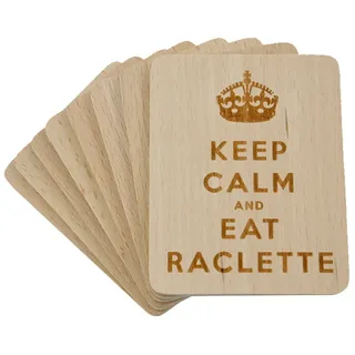 wall-art-design 8 Stück Raclette Untersetzer 'Keep Calm and Eat Raclette' aus Bucheholz, 100x80x7mm, Hellbraun Bis Mittelbraun, Rechteckig