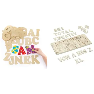 Baker Ross Große Buchstaben aus Holz - 52 Stück, Holzfarben & Relaxdays Holzbuchstaben Set, 104 TLG, Großbuchstaben A-Z, 5,5 cm hoch, XL Buchstaben zum Basteln, Deko Alphabet, Natur