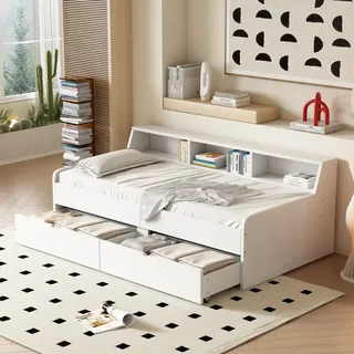 MODFU Schlafsofas Daybett 90*200 cm mit zwei Schubladen und 3 Ablagefächern, Weiß(ohne Matratze) - Weiß