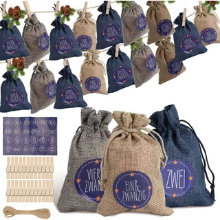 Jayseuw Adventskalender zum Befüllen 2025, 24 Stück Weihnachtskalender, Weihnachtsdeko Säckchen/Tüten, Säckchen DIY Weihnachtsdeko,Blau/weiß/grau - Blau