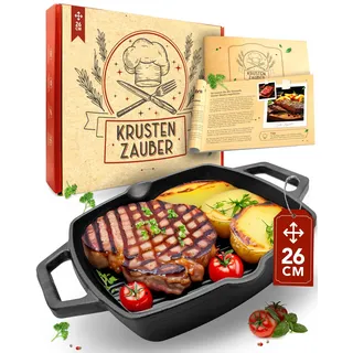 KRUSTENZAUBER 26cm Grillpfanne Induktion Doppelgriff - Geriffelte Gusseisenpfanne Induktion - Ideale Gusseisen Pfanne, Eisenpfanne, Cast Iron Pan, Bratpfanne, Gusseiserne Pfanne Skillet Gusspfanne