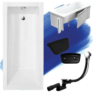 Badewanne Rechteck Set 5in1 150x70 mit Premium Ablaufgarnitur und Füßen GRATIS + Verkleidung (Styropor) + Kopfstütze in Schwarz | BADLAND MODERN - Weiß, Schwarz