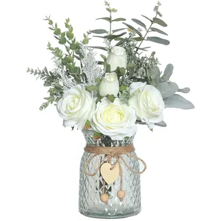 Kunstblumen mit Vase, künstliche Seidenrosen in Vase, künstliche Pflanze, Eukalyptus-Blumenarrangement für Zuhause, Büro, Bauernhaus, Badezimmer, Esstisch, Dekorationen, Couchtisch-Dekoration (weiß)