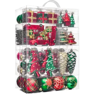Valery Madelyn Weihnachtsbaumschmuck-Set, 155 Karat, rot, grün und Gold, bruchsicher, Weihnachtsbaumschmuck, traditionelles ländliches Kugel-Ornamente für Weihnachtsbäume, Urlaubsdekoration