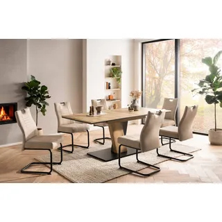 OTTO home Essgruppe ""Altona", Esstisch ausziehbar plus 6 Stühle" Esstisch ausziehbar 140 - 180 cm, 6 Freischwinger, 7 tlg. tlg. Säulentisch 140-180x90 cm, Stuhl mit Federkorb, 140 kg belastbar, eiche, beige, beige, schwarz