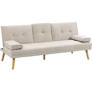 Homcom Schlafsofa, 3-Sitzer-Sofa, Bettsofa mit Klappbarem Tisch, Stoffsofa mit Leinenoptik, Schlafcouch mit Becherhalter, im Skandi-Design, bis 250 kg Belastbar, Grau - Beige