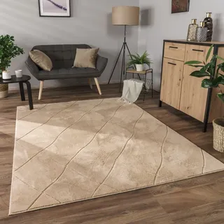 Paco Home Teppich Wohnzimmer Schlafzimmer Kurzflor Boho Skandi Raute 3D Grau Anthrazit 160x220 cm, Beige