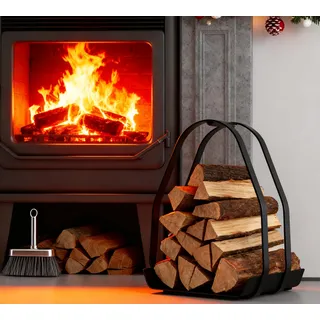 Kingson Kaminholzkorb – Schwarz pulverbeschichteter Metall-Feuerholzkorb mit Griff – 36×35×48 cm – Eisenrahmen und -boden – Flachpackung, Montage erforderlich