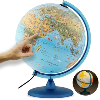 ORBIT GLOBES & MAPS Kinderleuchtglobus 30cm mit Tieren, Kunststoff Fuß, deutsch mit stabilem Hartplastikfuß, deutsches Kartenbild mit vielen Abbildungen für Kinder mit LED Leuchte