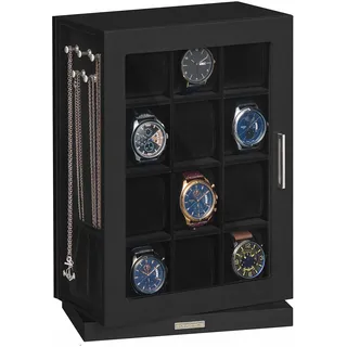 Songmics Uhrenbox mit 12 Fächer, Uhrenkasten mit Glasfenstern, 360° drehbar, vertikal, für Schmuck, Sonnenbrillen, Ringe, 10 Halskettenhaken, abnehmbare Kissen, Samtfutter, schwarz JWB028B01