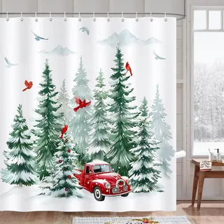 COZZSNUGE Duschvorhang 180 x 180 cm Weihnachten, Winter Weihnachtsbaum Wald Bergen Roter LKW Duschvorhänge Anti-schimmel Wasserdicht Polyester Stoff Badvorhang mit 12 Duschvorhangringen