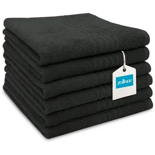 ZOLLNER 6er Set Handtücher in 50x70 cm - saugstarke Duschtücher in schwarz - mit praktischem Aufhänger - mit modernen Tiefgangstreifen - waschbar bis 60°C - Baumwolle - Hotelqualität