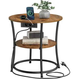 VASAGLE Beistelltisch rund, 2-stufiger Couchtisch mit Steckdosenleiste, Konsolentisch, Stahlrahmen, für kleine Räume, Wohnzimmer, Schlafzimmer, vintagebraun-tintenschwarz LET077KD01