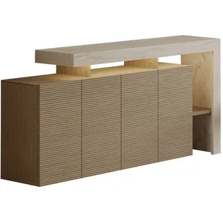 Moderner Konsolentisch mit LED-Beleuchtung, 170 cm, 100% melaminbeschichtet, Beige & Warme Eiche | Wandmontage möglich, stilvolles Design