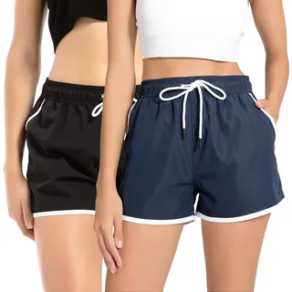 riemot 2er Pack Badeshorts Damen Schnelltrocknend Strandshorts mit Elastischem Bund, Schwimmshorts mit Mesh-Innenfutter, Sommer Shorts für Strand, Urlaub und Freizeit,Schwarz Marineblau,M