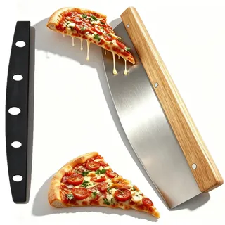 Frutilexia Pizzaschneider, 32.2cm Pizzamesser Wiegemesser, Premium Pizza Wiegemesser aus Edelstahl, Pizza Cutter mit Holzgriff, Effektiver als Pizzaroller, Schnelles und Gleichmäßiges Schneiden