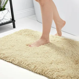 Deconovo Badvorleger rutschfest waschbare Badematte Shaggy Badezimmer Teppich Badematten & Badteppiche saugstark Duschvorleger Flauschige Mikrofaser Badteppich, 40x60 cm, Beige, 1 Stück