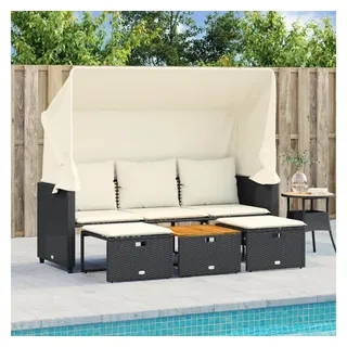 vidaXL Outdoor-Sofa 3-Sitzer mit Dach und Hockern Schwarz Poly-Rattan