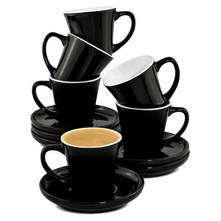 Espressotassen Set 6er Schwarz mit Untertassen - Keramik - Hält Lange Warm - Stapelbare Mokkatassen - Spülmaschinenfest - Espressotassen mit Henkel - Geschenkbox - 70ml