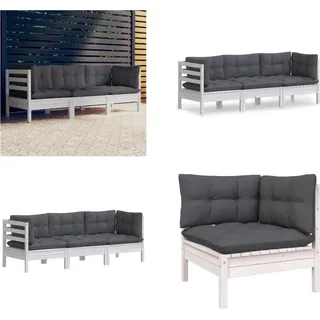 vidaXL 3 Sitzer Gartensofa mit Anthrazit Kissen Massivholz Kiefer - 3-Sitzer-Gartensofa - 3-Sitzer-Gartensofas - Gartensofa - Gartensofas - Weiß