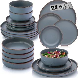 SÄNGER Bombay Graphit Geschirrset 24 teilig, Steingut Geschirr | 6 Personen, 6x Speiseteller 6x Dessertteller 6x Schalen 6x Pastateller, Teller Set modern