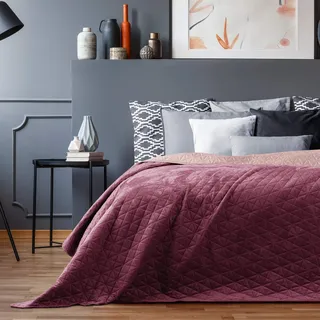 AmeliaHome Tagesdecke 260x280 cm violett lila zweiseitig Steppung Velvet Samt Laila