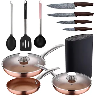 San Ignacio Set mit 5 Pfannen, 20,24,28 cm (mit Deckel), Aluminium, Induktion, mit 3 Küchenutensilien, Nylon, mit 4 Messern aus Edelstahl mit Tacoma/Bl