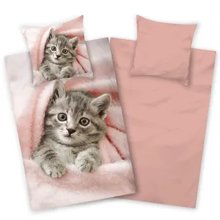 Aminata kids Bettwäsche Katze 135x200 Baumwolle Mädchen | Wende-Kinder-Bettwäsche-Set Katzen-Motiv | Katzenbaby | YKK Reißverschluss rosa niedlich