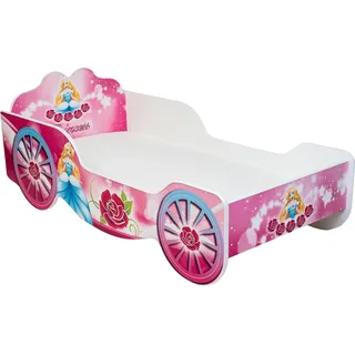 Kinderbett Kutsche Mädchenbett 70x140 cm mit Matratze, Rausfallschutz | Prinzessin Kinder Spielbett 140x70 cm Spielbett Jugendbett Einzelbett Mädchen - Rosa