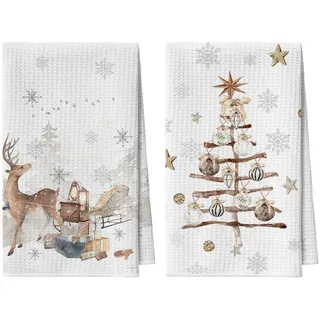 Artoid Mode Schneeflocken Bäume Geschenke Rentier Bar Weihnachten Küchentücher Geschirrtücher, 42x65 cm Mikrofaser Saugfähig Küchen Deko 2er Set