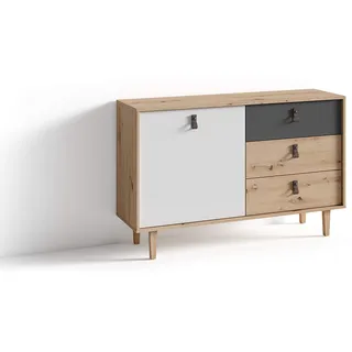 byLIVING Sideboard BILL / Kommode Artisan Eiche Optik hellbraun / Schrank mit 1 Tür und 3 Schubkästen / Fronten in weiß und grau / Schlaufen-Griffe / B 120, H 77, T 36,5 cm