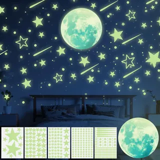 Yosemy Wandsticker Leuchtaufkleber Sticker Leuchtsticker Wandtattoo Mond und Sterne Fluoreszierend Wandaufkleber, Leuchtstoff Aufkleber Für Kinderzimmer (Leuchtsterne Mond& 504 pcs)