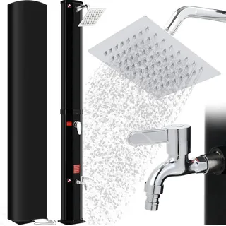 Solar Gartendusche Außendusche - Freistehende Duschsäule aus Aluminium - 40 l Tank - 225 cm Höhe - 360° Duschkopf - Fußwaschhahn - Temperatur bis 60°C - Mit Abdeckung