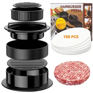 HOOMIL Burgerpresse, 3-in-1 Hamburgerpresse Set, [Spülmaschinenfest] Profi Burger Patty Presse mit 100 Blatt Antihaft Burgerpapier für leckere Hamburger, Patties - Schwarz