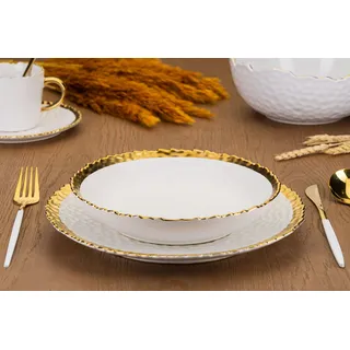 HowHomely Geschirrset Kati White Gold - Stilvoll und modern - Weiß mit goldenen Kanten - 8-er Set - Weiß