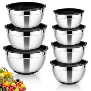 HaWare Rührschüssel 7er Set, Edelstahl Schüssel Salatschüssel mit Luftdichtem Deckel und Silikonboden, Ideal zum Kochen Backen, Spülmaschinenfest, 4,6L /3,5L /2,8L /2,5L /1,5L /1,2L /0,7L - Schwarz