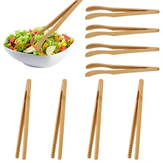 8 Stück Bambus Küchenzange 18 cm, Holz Grillzange Toastzange | Wiederverwendbare Bambuszangen im 8er Set für Toast, Salat, Früchtetee, Grillen, Hot Pot und Picknick